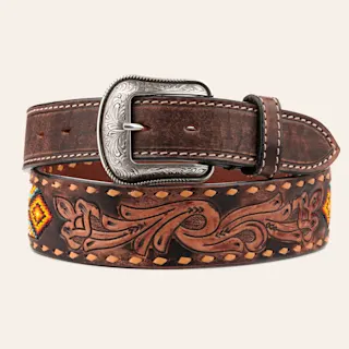 Brown Tooled Leather Aztec Bead Inlay Belt