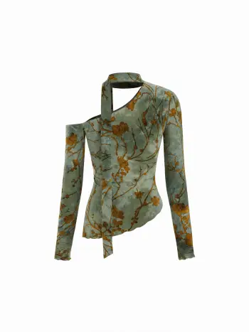 Asymmetrical Floral Ruched Top with Scarf